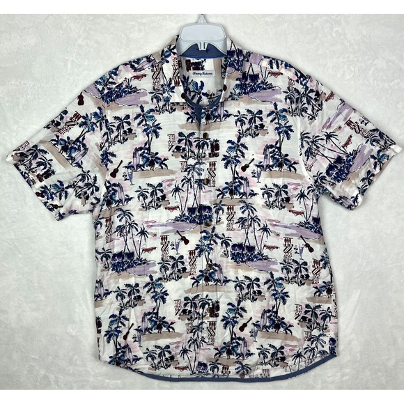 Tommy Bahama Hawaiian Shirt Mens Large Button Up Tree White Blue Aloha - Picture 2 of 11